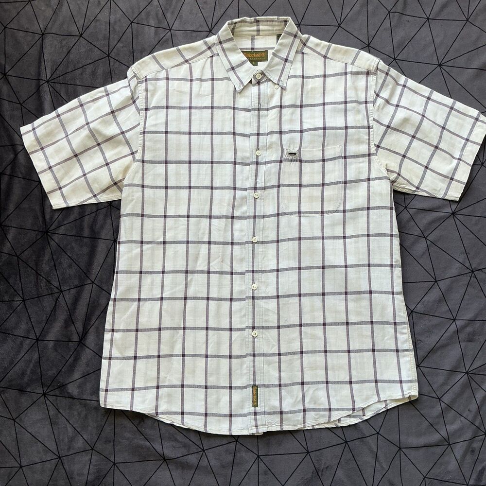Timberland Weathergear Shirt Mens L Cream Purple Check Short Sleeve Vintage